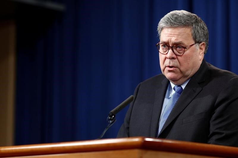 FILE PHOTO: U.S. Attorney General William Barr announces the findings of the criminal investigation into the Dec. 6, 2019, shootings at the Pensacola Naval Air Station in Florida during a news conference at the Justice Department in Washington, U.S., January 13, 2020.  REUTERS/Tom Brenner