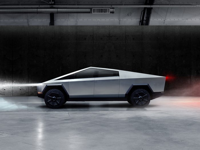 The Cybertruck, Tesla's first electric pickup truck, is seen in this undated handout picture released by the company.