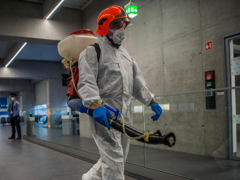 Disinfection equipment is carried by a worker as precautionary measures against the spreading of novel coronavirus, at Budapest Liszt Ferenc International Airport in Budapest, Hungary,  2