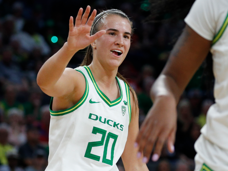 Oregon's Sabrina Ionescu (20) celebrates after a play against Utah during the first half of an NCAA college basketball game in the quarterfinal round of the Pac-12 women's tournament Friday, March 6, 2020, in Las Vegas. (AP Photo/John Locher)