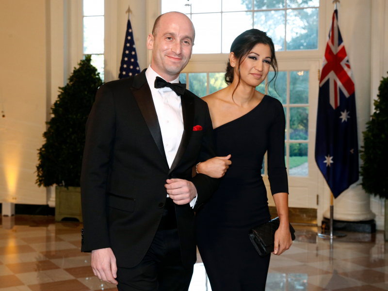 FILE - In this Sept. 20, 2019, file photo President Donald Trump's White House Senior Adviser Stephen Miller, left, and Katie Waldman, now Miller, arrive for a State Dinner with Australian Prime Minister Scott Morrison and President Donald Trump at the White House in Washington. Vice President Mike Pence's press secretary has the coronavirus, the White House said Friday, making her the second person who works at the White House complex known to test positive for the virus this week. Pence spokeswoman Katie Miller, who tested positive Friday, May 8, 2020, had been in recent contact with Pence but not with the president. (AP Photo/Patrick Semansky, File)