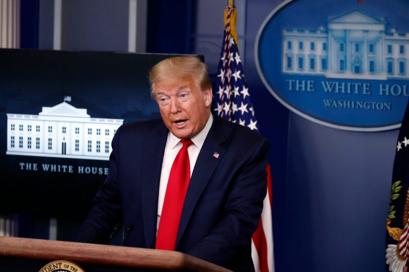 President Donald Trump speaks with reporters about the coronavirus in the James Brady Briefing Room of the White House, Friday, May 22, 2020, in Washington. (AP Photo/Alex Brandon)