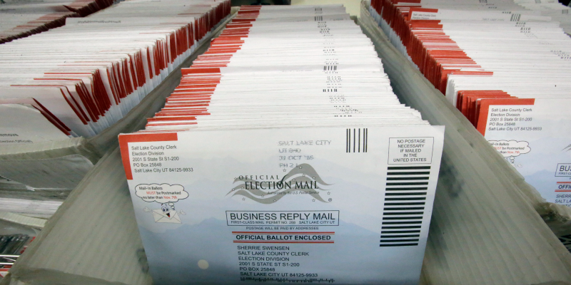 FILE - In this Nov. 1, 2016, file photo, mail-in ballots for the 2016 General Election are shown at the elections ballot center at the Salt Lake County Government Center, in Salt Lake City. As President Donald Trump rails against voting by mail, many members of his own political party are embracing it to keep their voters safe during the coronavirus outbreak. (AP Photo/Rick Bowmer, File)