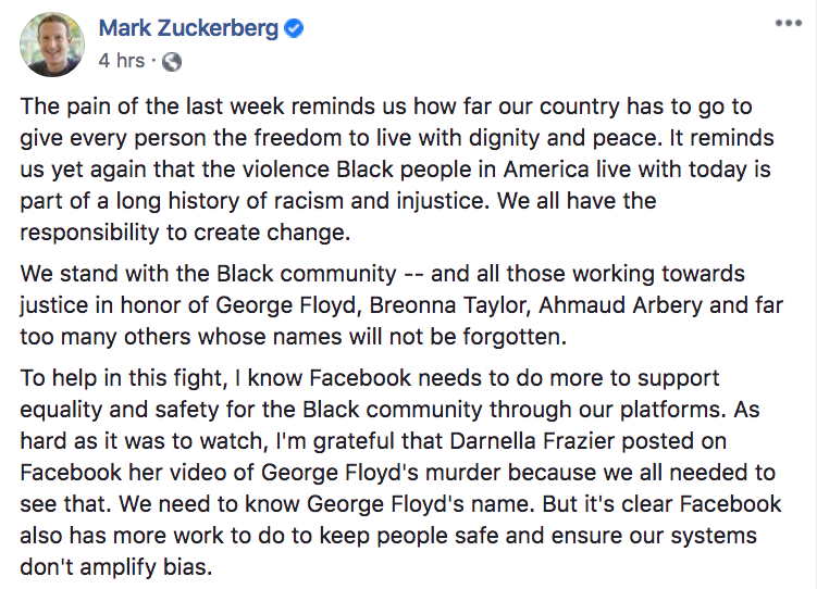 Mark Zuckerberg post