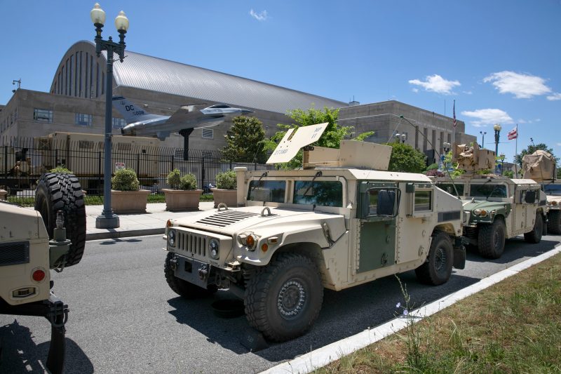 Vehicles for the District of Columbia National Guard are seen outside the D.C. Armory, Monday, June 1, 2020, in Washington. Protests have erupted across the United States to protest the death of Floyd, a black man who was killed in police custody in Minneapolis on May 25. (AP Photo/Jacquelyn Martin)