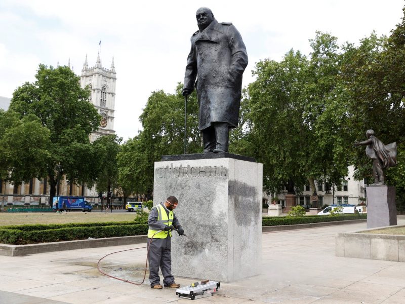 churchill statue being cleaned