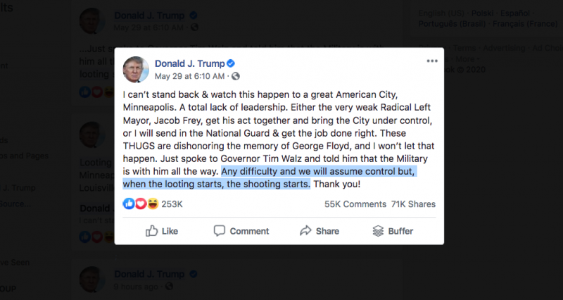 Facebook Trump post looting shooting
