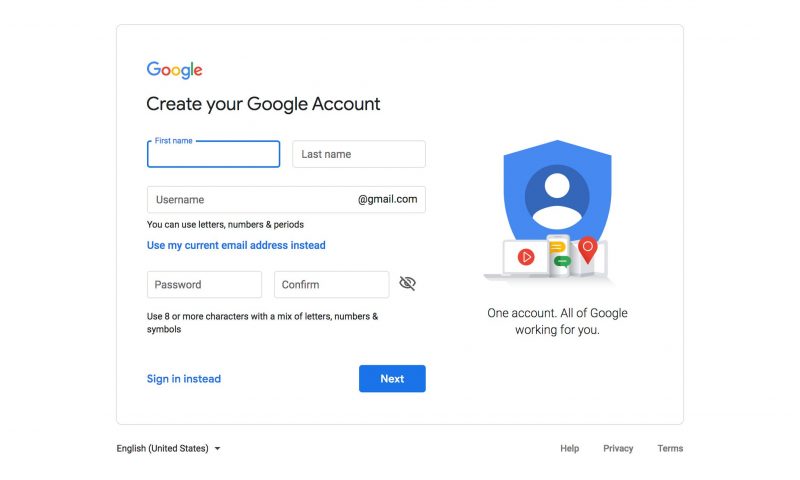 Google account sign-up page
