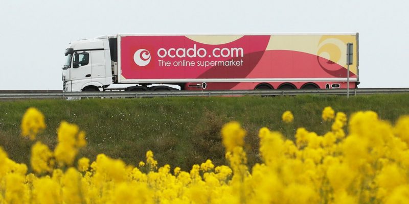 An Ocado lorry is seen on the M25 motorway, as the spread of the coronavirus disease (COVID-19) continues, London Colney, Britain, April 17, 2020. REUTERS/Matthew Childs