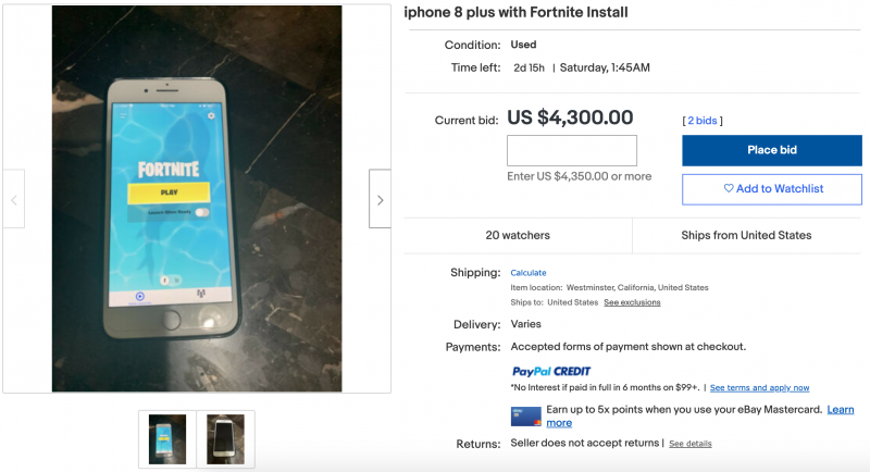 iPhone with Fortnite installed, ebay reseller