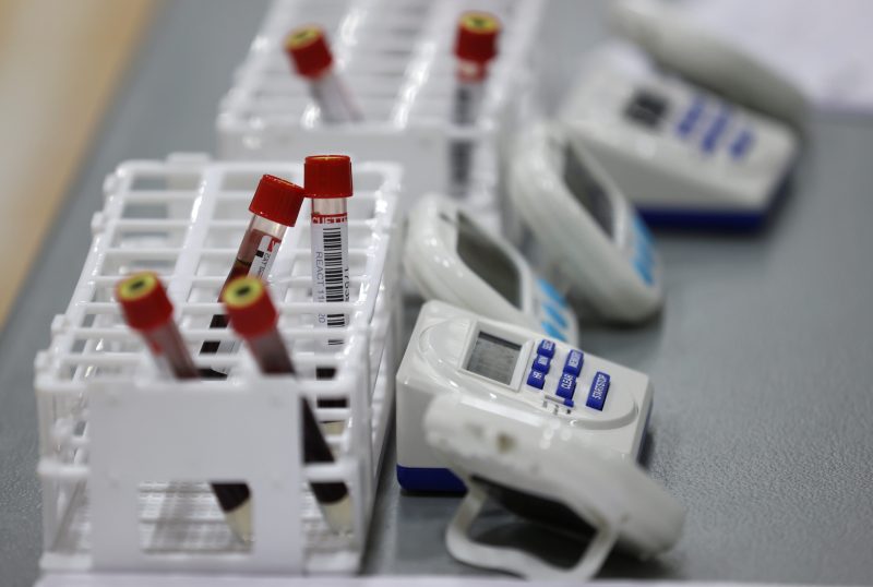 Blood samples are seen in testing tubes during a clinical trial of tests for the coronavirus disease (COVID-19) antibodies, at Keele University, in Keele, Britain June 30, 2020.