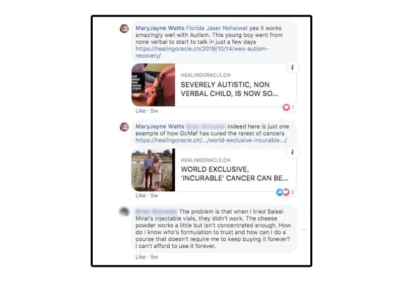 Healing Oracle Jewell Watts GcMAF Facebook screenshot claims