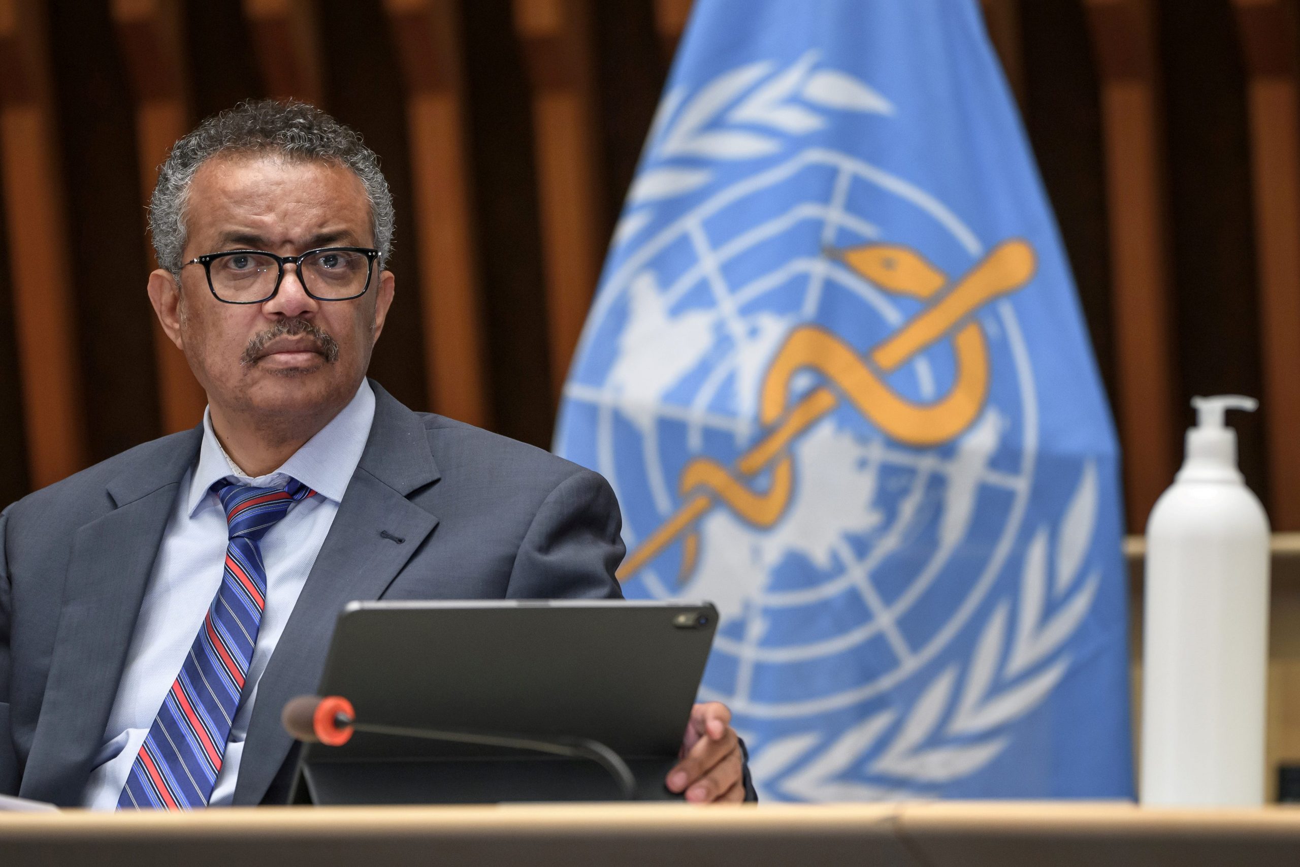 FILE PHOTO: World Health Organization (WHO) Director-General Tedros Adhanom Ghebreyesus attends a news conference organized by Geneva Association of United Nations Correspondents (ACANU) amid the COVID-19 outbreak, caused by the novel coronavirus, at the WHO headquarters in Geneva Switzerland July 3, 2020. Fabrice Coffrini/Pool via REUTERS