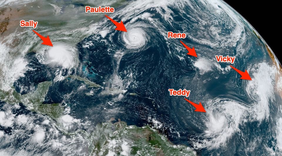 A shocking image from space shows a record 5 tropical cyclones in the Atlantic basin at the same