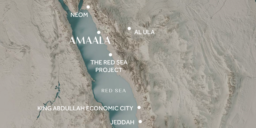 The locations of NEOM, Amaala, and The Red Sea Project seen on a map of western Saudi Arabia.