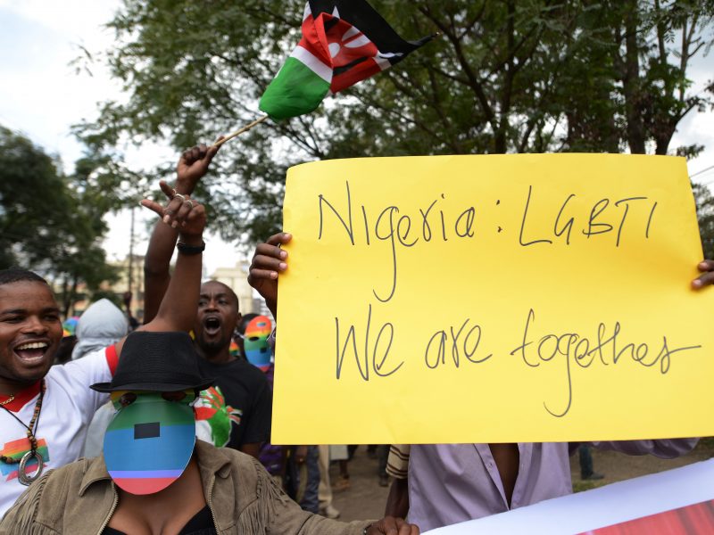 Kenyan gay and lesbian organisations demonstrate outside the Nigerian High Commission in Nairobi on February 7, 2014