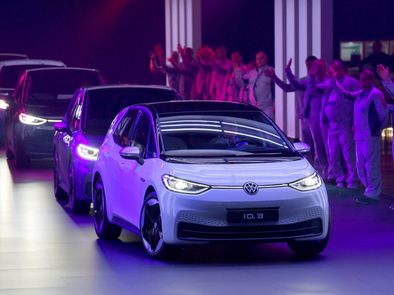 New cars drive during a ceremony marking start of the production of a new electric Volkswagen model ID.3 in Zwickau