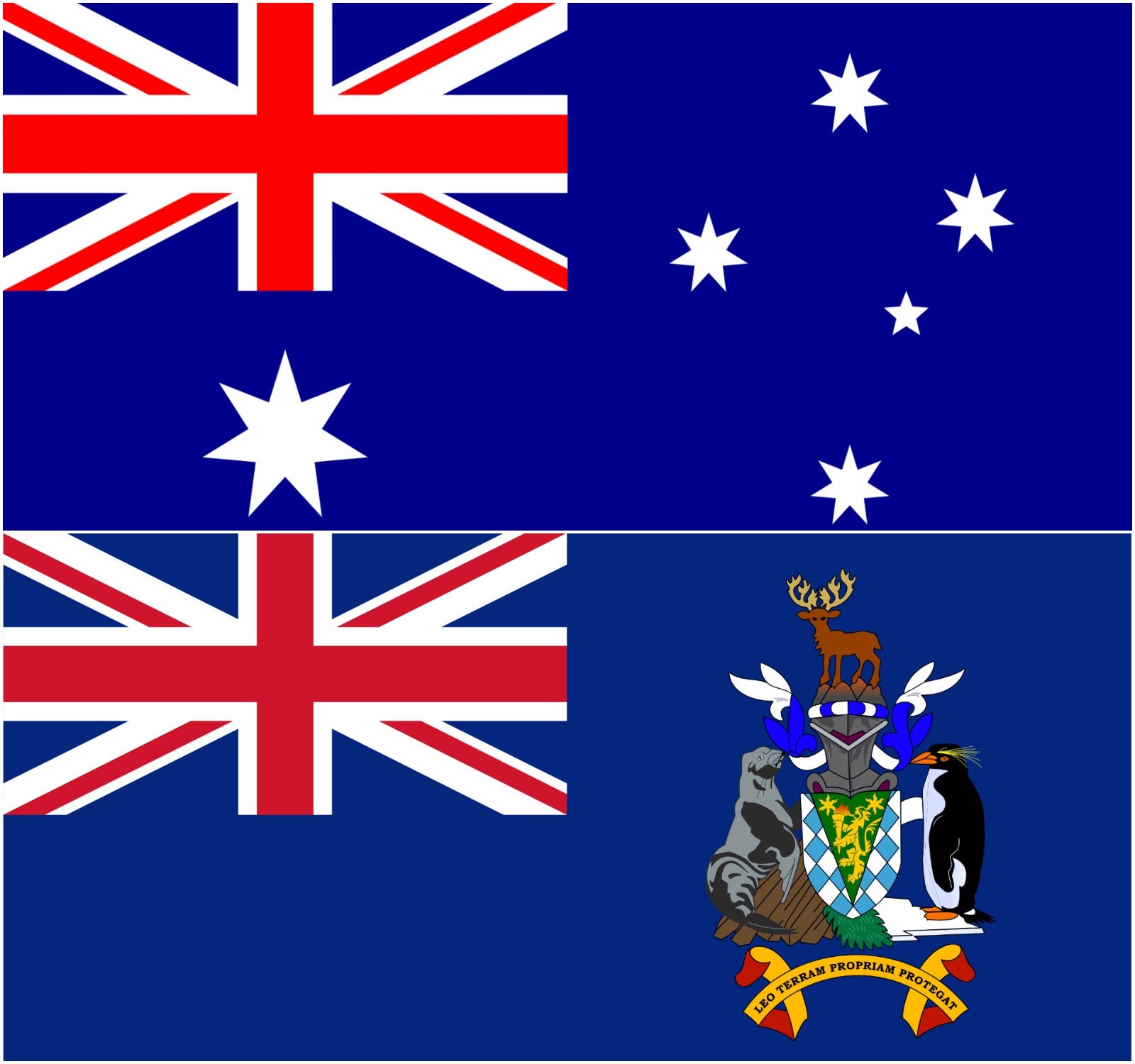 The Australian flag, top, and the South Georgia and South Sandwich Islands flag.