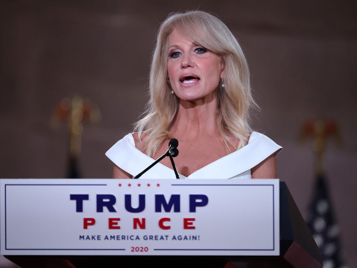 White House Counselor to the President Kellyanne Conway pre-records her address to the Republican National Convention from inside an empty Mellon Auditorium August 26, 2020 in Washington, DC.