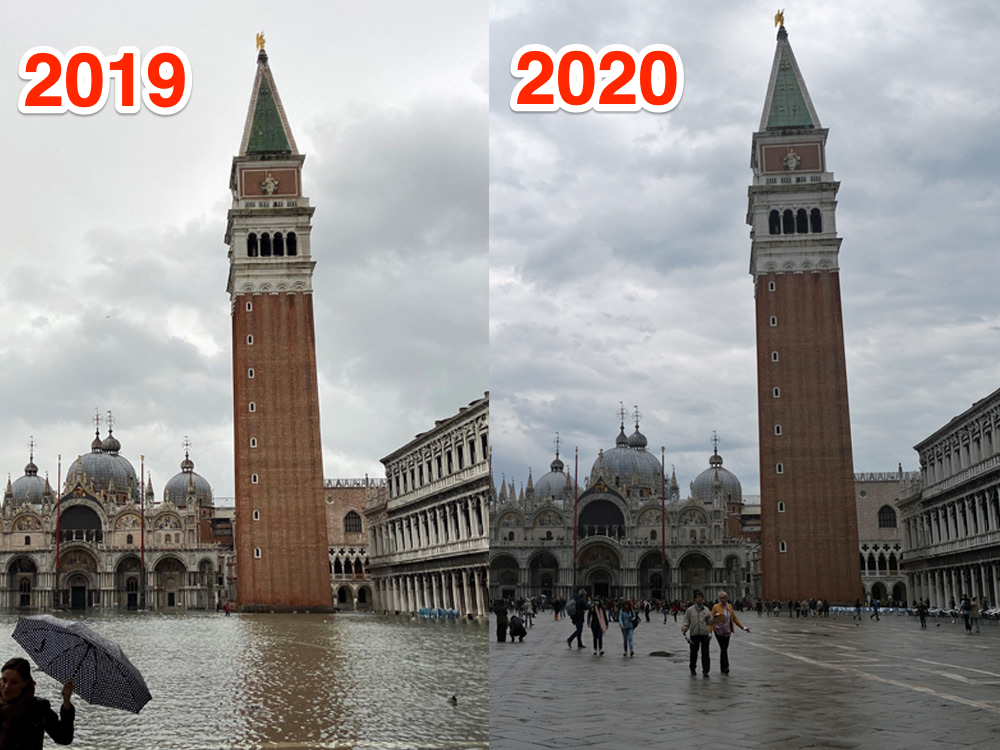 Venice flood before and after from 2019 and 2020