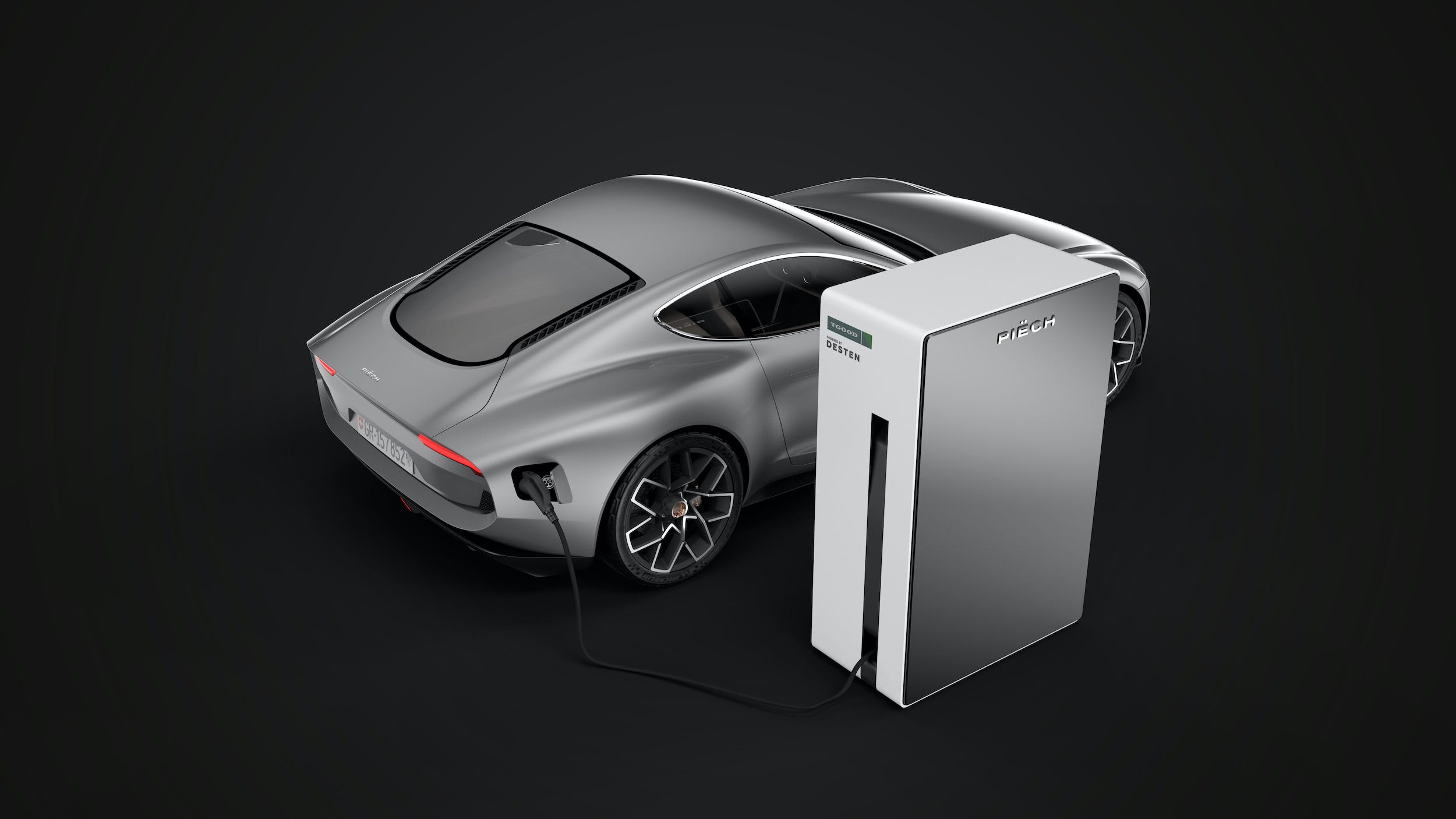 The Piëch Automotive two-seat sports car and charging station.