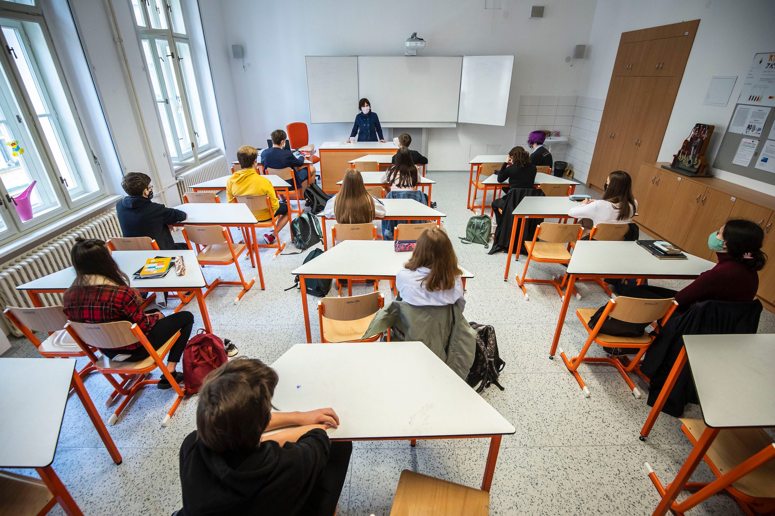 Pupils attend classes as the elementary schools started teaching to prepare children for exams for high school on May 11, 2020, in Prague, Czech Republic.