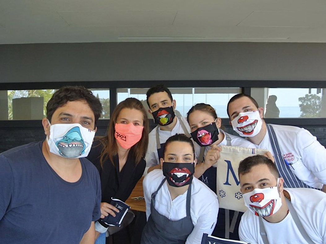 Mauro Colagreco and some of his team in smiley masks (credit Mirazur)