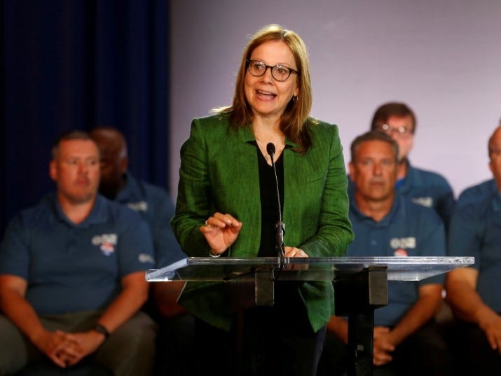 FILE PHOTO: General Motors Chairman and CEO Mary Barra makes a statement as members of the United Auto Workers bargaining committee listen at the start of contract talks between the union and automaker in Detroit, Michigan, U.S., July 16, 2019.  REUTERS/Rebecca Cook/File Photo