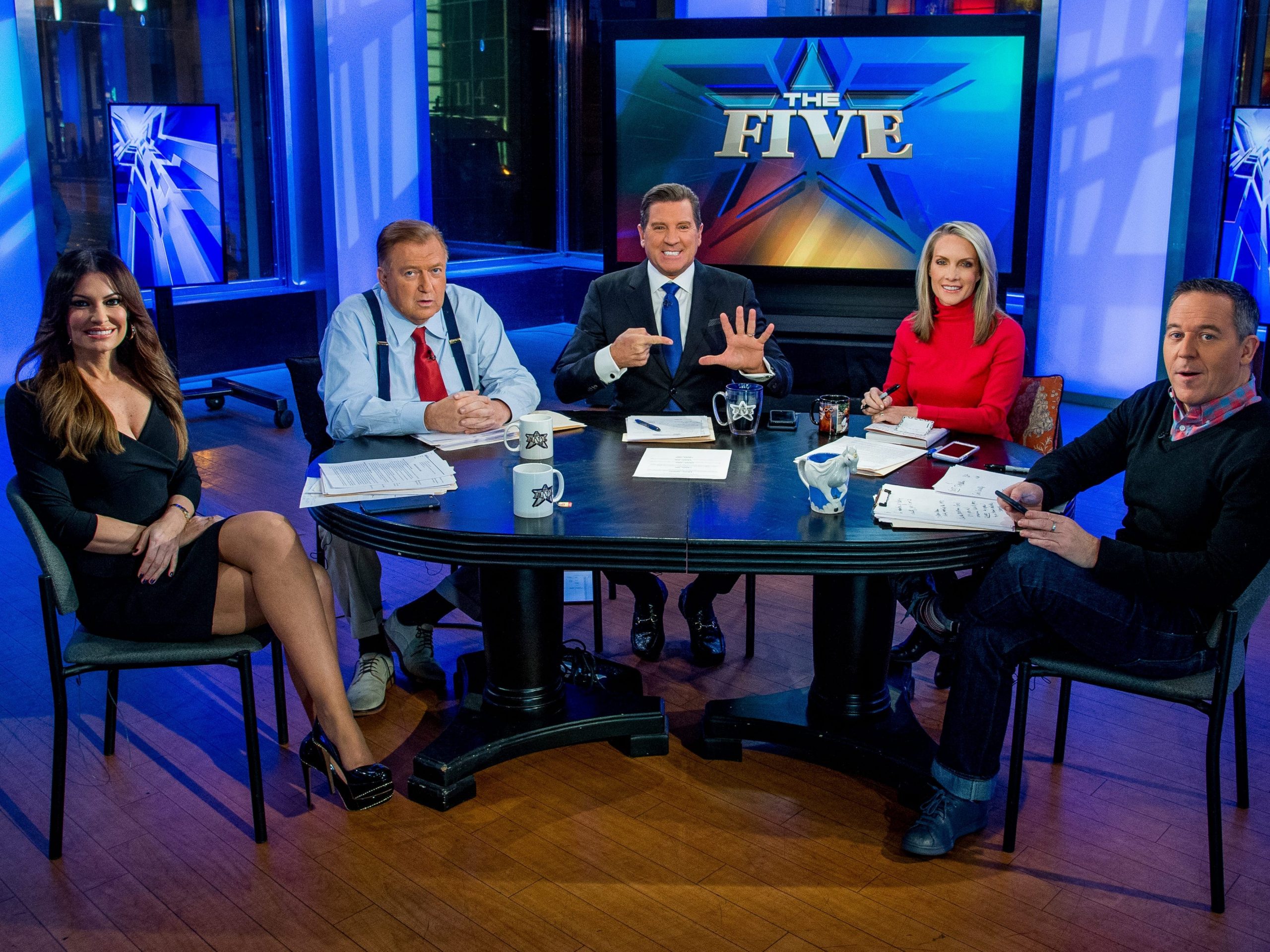Kimberly Guilfoyle, Bob Beckel, Eric Bolling, Dana Perino and Greg Gutfeld sit on the panel of Fox News' "The Five" in January 2017.