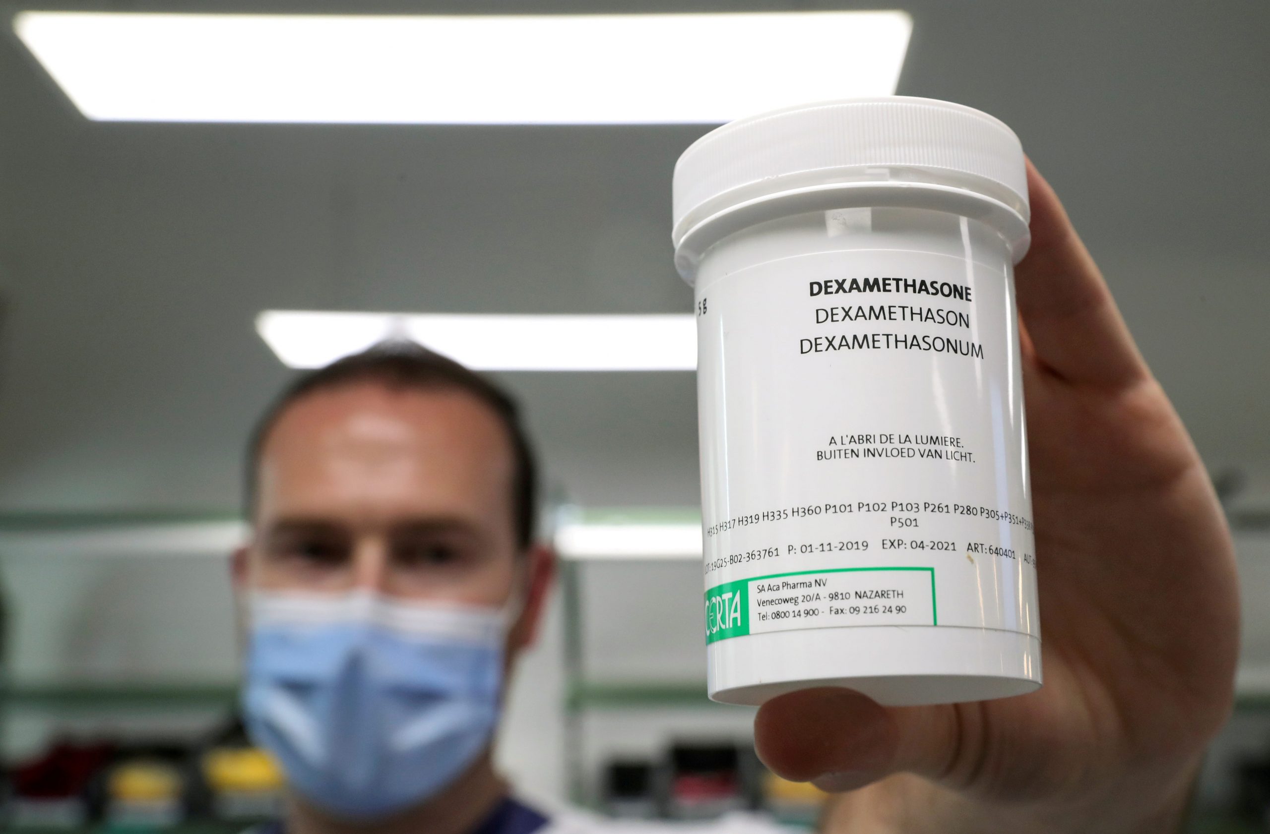 FILE PHOTO: A pharmacist displays a box of Dexamethasone at the Erasme Hospital amid the coronavirus disease (COVID-19) outbreak, in Brussels, Belgium, June 16, 2020. REUTERS/Yves Herman/File Photo