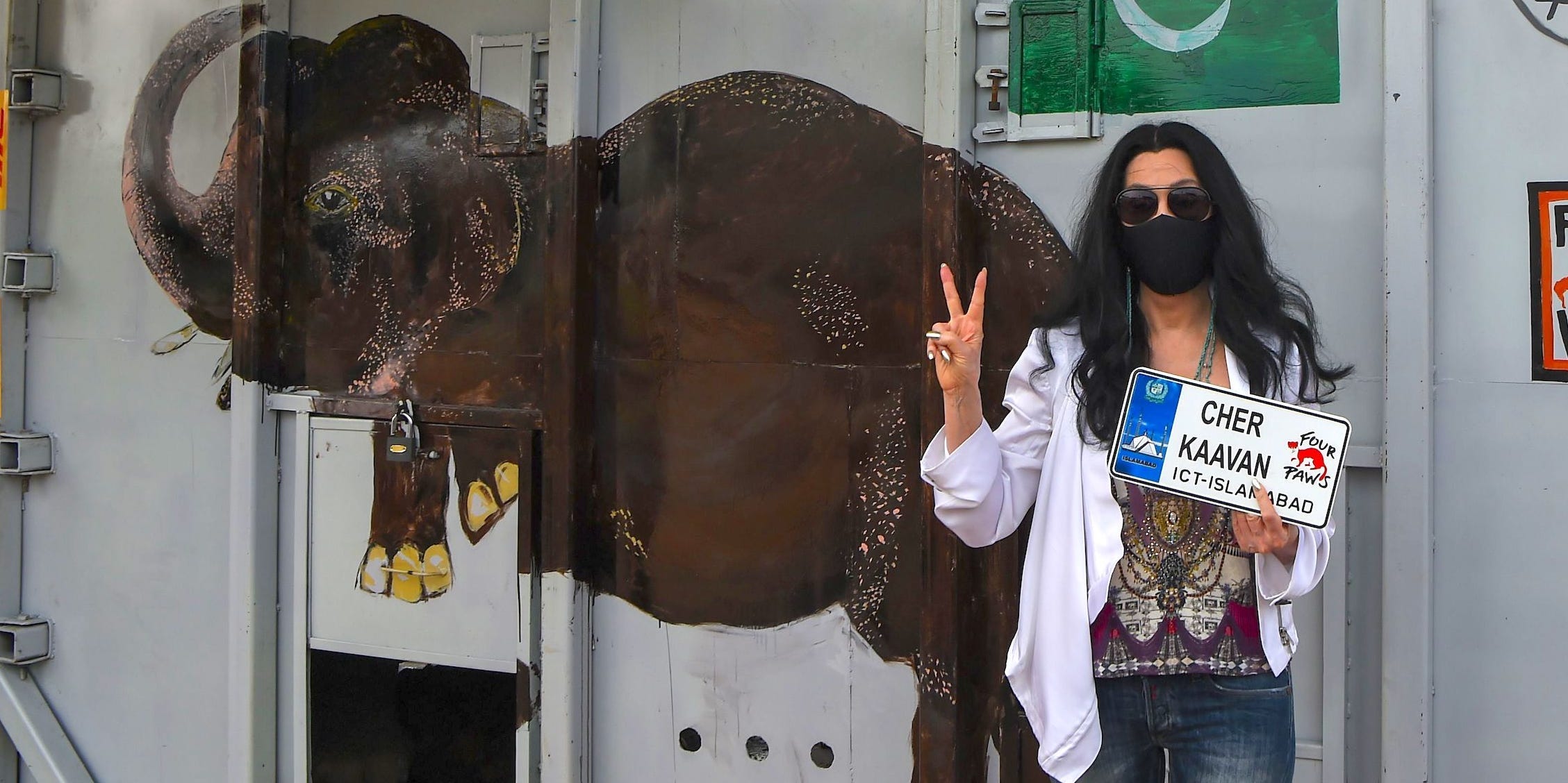 US pop singer Cher poses in front of the crate containing Kaavan the Asian elephant upon his arrival in Cambodia from Pakistan at Siem Reap International Airport in Siem Reap on November 30, 2020.