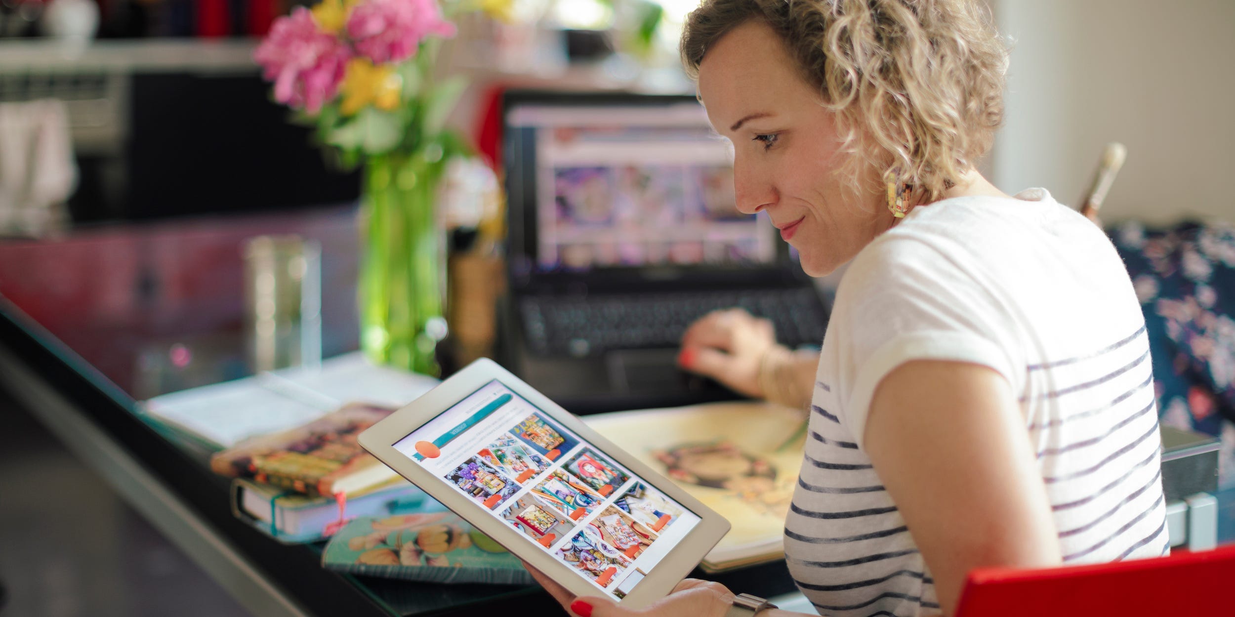creative woman making website tablet laptop