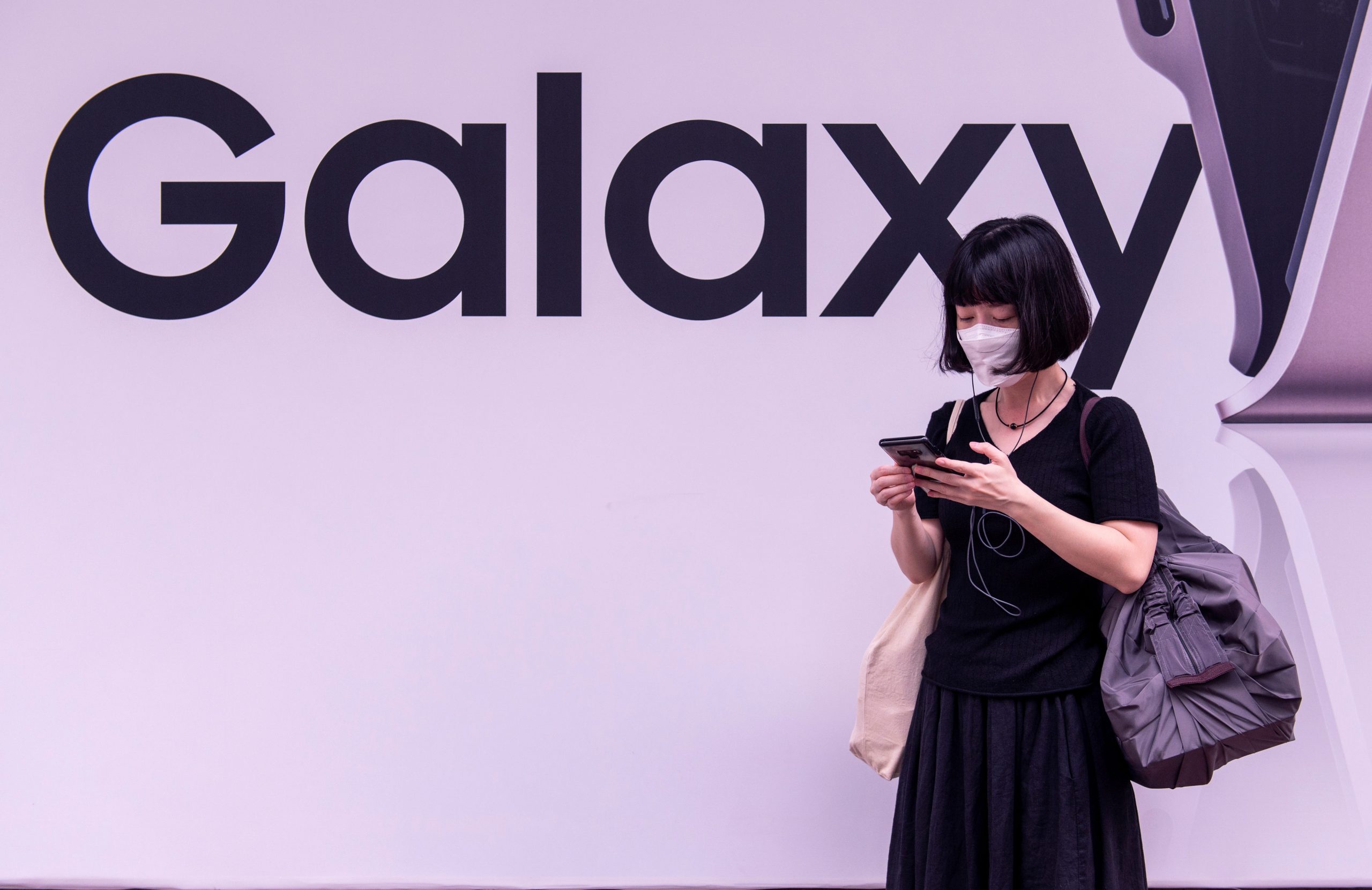 South Korean multinational electronics conglomerate Samsung, advertises the Samsung Galaxy product on a billboard in Hong Kong.
