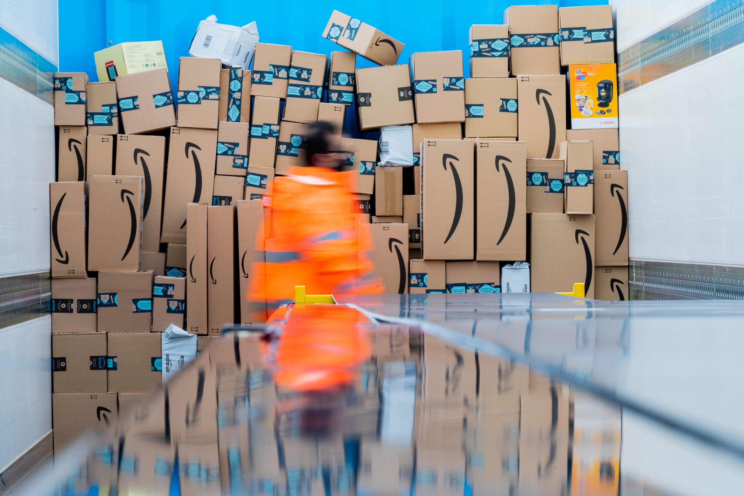 Parcels are stored in a truck in a logistics centre of the mail order company Amazon.